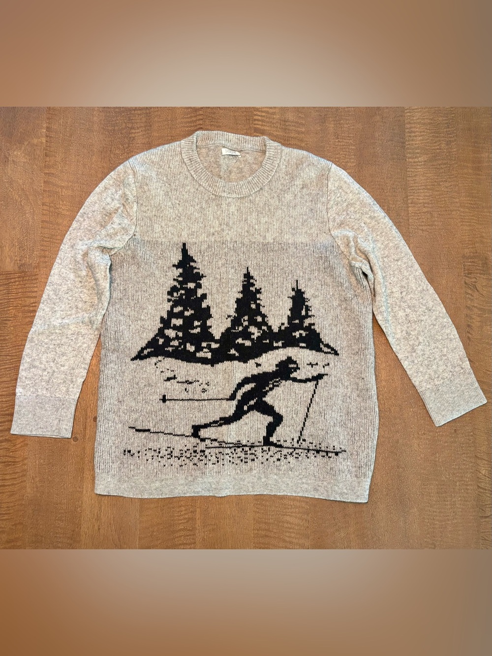 J. Crew Gray Crewneck Sweater with Black Ski and Tree Motif